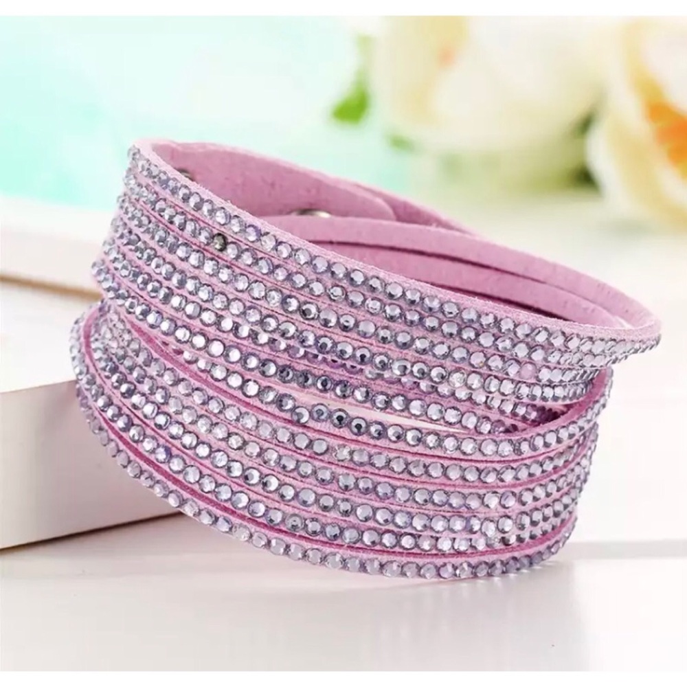 Faux Suede Pink Lavender Rhinestone Crystal Wrap Bracelet